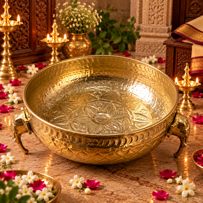 Embossed Brass Urli Bowl, Pital Urli with Decorative Legs (Brand New), 4 Sizes