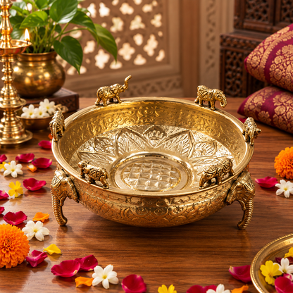 Elephant Design Brass Urli Bowl, Pital Urli with Elephant Legs (Brand New), 3 Sizes