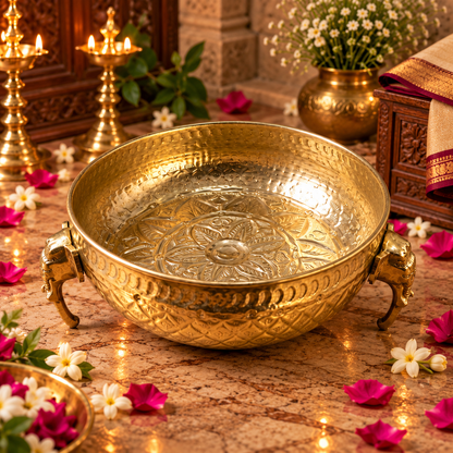 Embossed Brass Urli Bowl, Pital Urli with Decorative Legs (Brand New), 4 Sizes