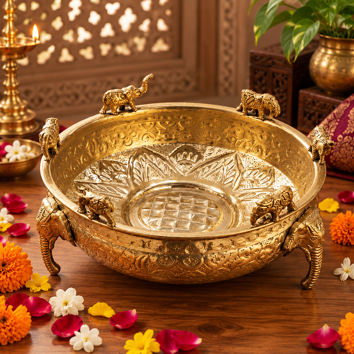 Elephant Design Brass Urli Bowl, Pital Urli with Elephant Legs (Brand New), 3 Sizes