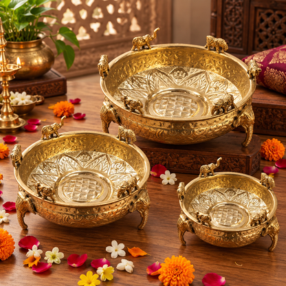 Elephant Design Brass Urli Bowl, Pital Urli with Elephant Legs (Brand New), 3 Sizes