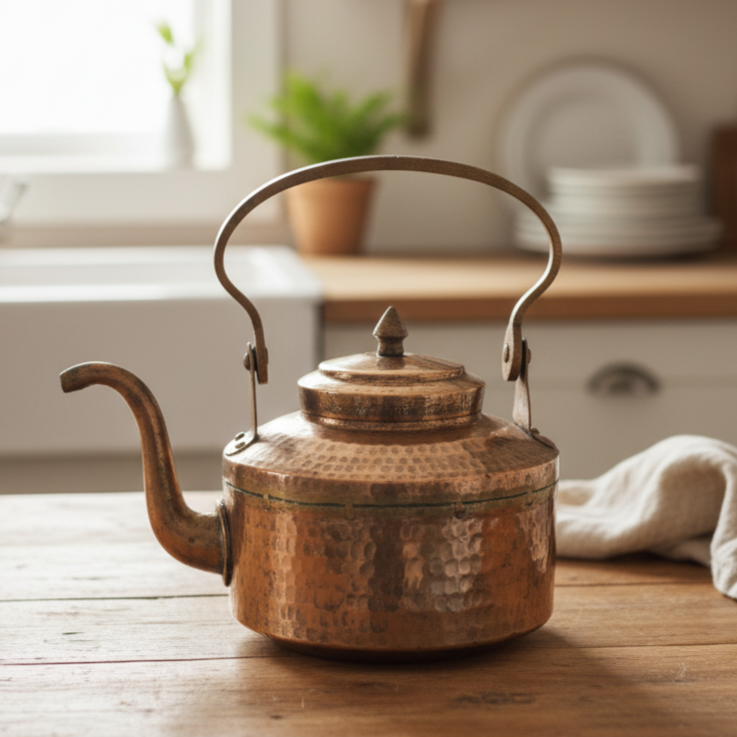 ORIGINAL ANTIQUE: AT/029 - Vintage Solid Hammered Copper Tea Kettle | KITCHENWARE | UTENSILS | HOME APPLIANCES