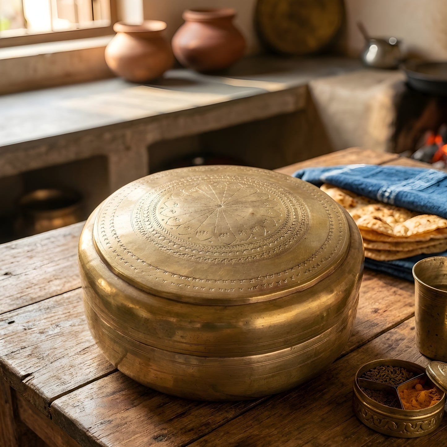 RA/201 | Vintage Brass/Pital Very Beautifully Engraved Roti Dabba | Chapati Box (Antiques)