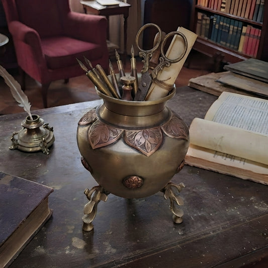 RA/253 | Rare Antique Pure Brass/Pital Multipurpose Pot/Vase/Planter/Stationary-Pen Holder with Peacock Legs – Handcrafted Copper Engraving Decor (Antiques)
