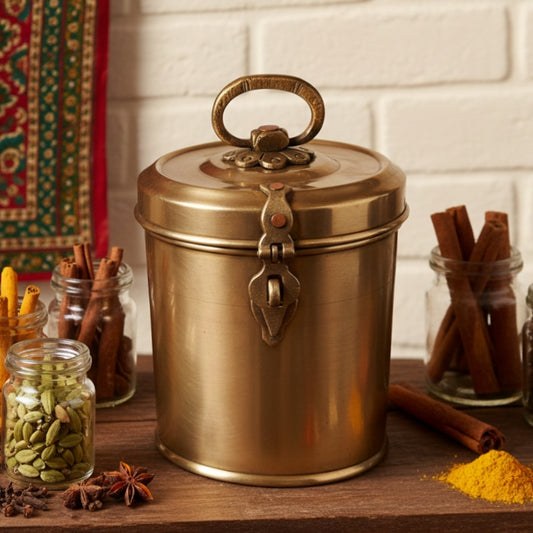 Vintage Pure Brass/Pital Cylindrical Lockable Storage Box with Decorative Handle – Antique Collectible Storage Container