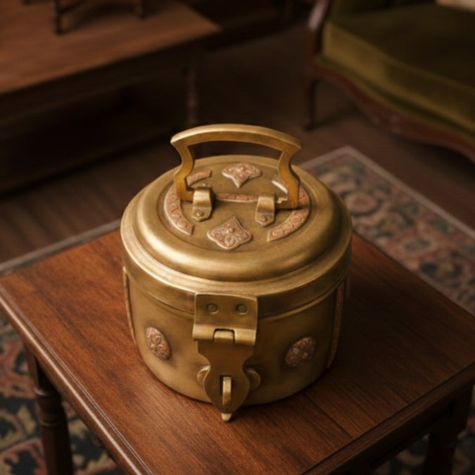 PM/04 - Very Rare Beautifully Engraved Pure Brass Storage | Multipurpose Box With Lock System | KITCHENWARE | UTENSILS | HOME APPLIANCES