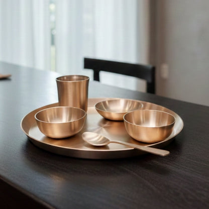 BN/018 | 100% Pure Bronze ( KAANSA ) Vintage Look Dinner Set. Includes: 1 Plate, 3 Bowls, 1 Glass & 1 Spoon