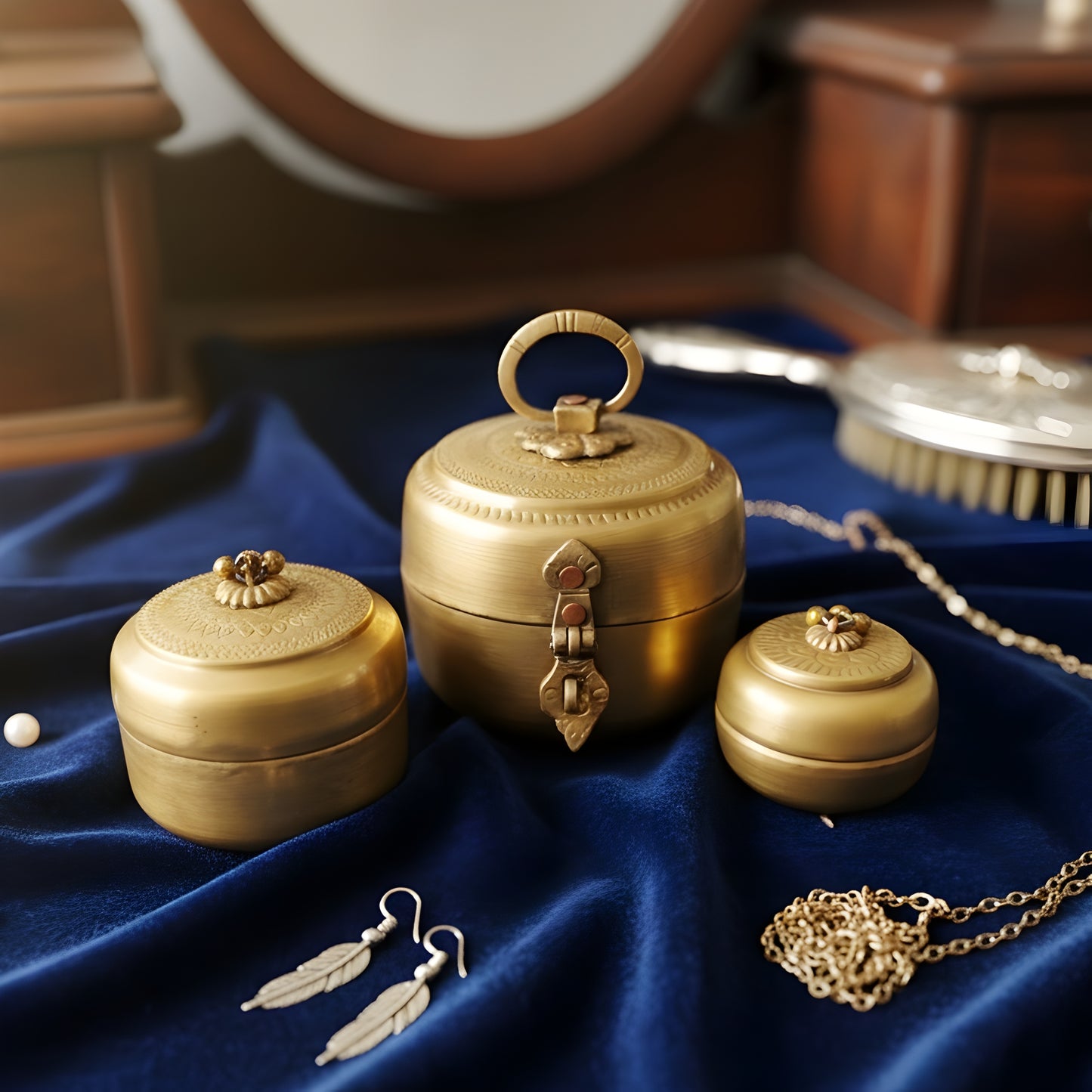 RA/024 | Set of 3 100% Pure Brass Vintage Style Beautifully Engraved Matt Look Trinket Boxes