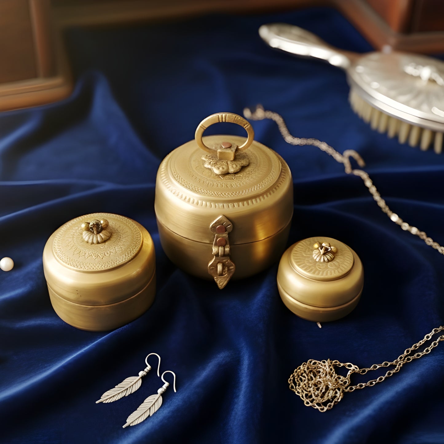 RA/024 | Set of 3 100% Pure Brass Vintage Style Beautifully Engraved Matt Look Trinket Boxes