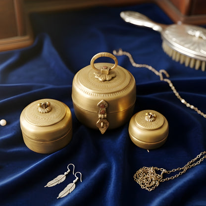 RA/024 | Set of 3 100% Pure Brass Vintage Style Beautifully Engraved Matt Look Trinket Boxes