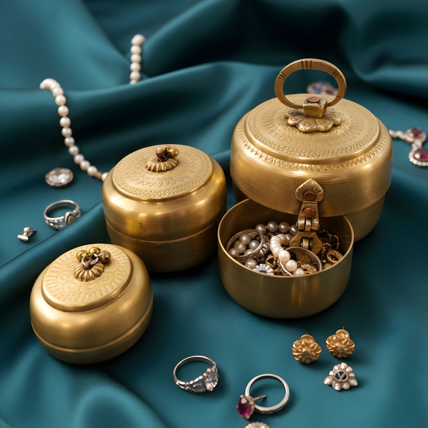 RA/024 | Set of 3 100% Pure Brass Vintage Style Beautifully Engraved Matt Look Trinket Boxes