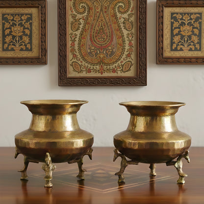 Set of 2 Rare Vintage Unique Shape Pure Brass Lota on Legs | PPL/06B