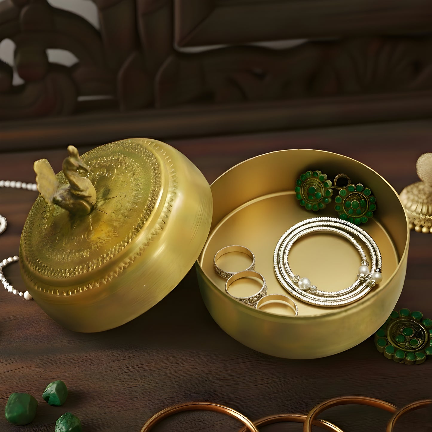 RA/031 | 100% Pure Brass Vintage Style Beautifully Engraved Matt Look Trinket Box with Bird on top