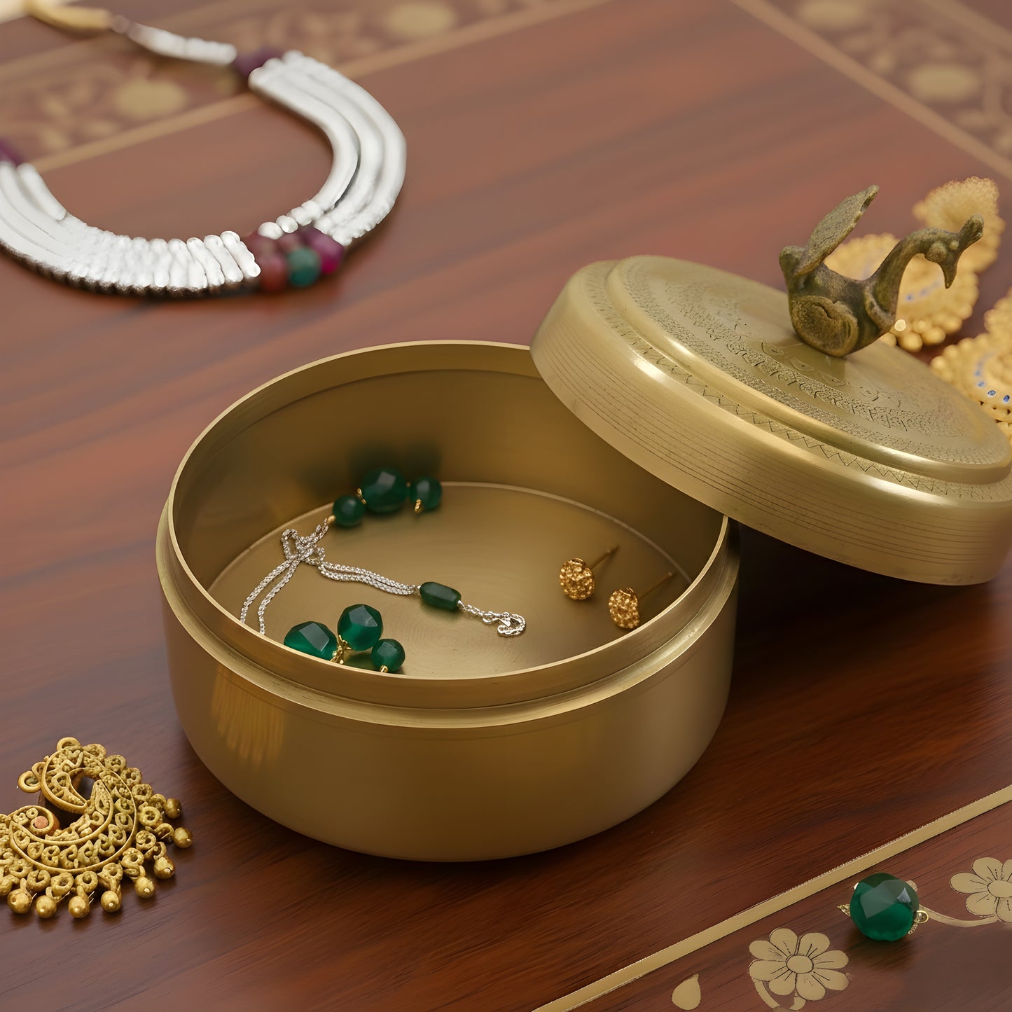 RSB/02 - 100% Pure Brass Vintage Style Beautifully Engraved Matt Look Trinket Box with Bird on top | KITCHENWARE | UTENSILS | HOME APPLIANCES