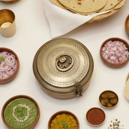 ORIGINAL ANTIQUE: AT/001 - Vintage Rare Very Beautifully Engraved Pure Brass Roti Dabba | Chapati Box | KITCHENWARE | UTENSILS | HOME APPLIANCES