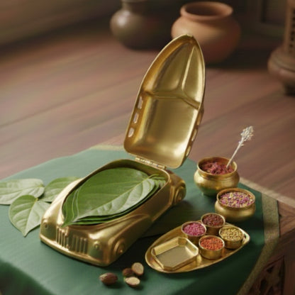 RA/047A | PD007 Vintage Very Rare Exquisite Car Shaped Brass Paan Daan / Betel Nut Box - Full Set