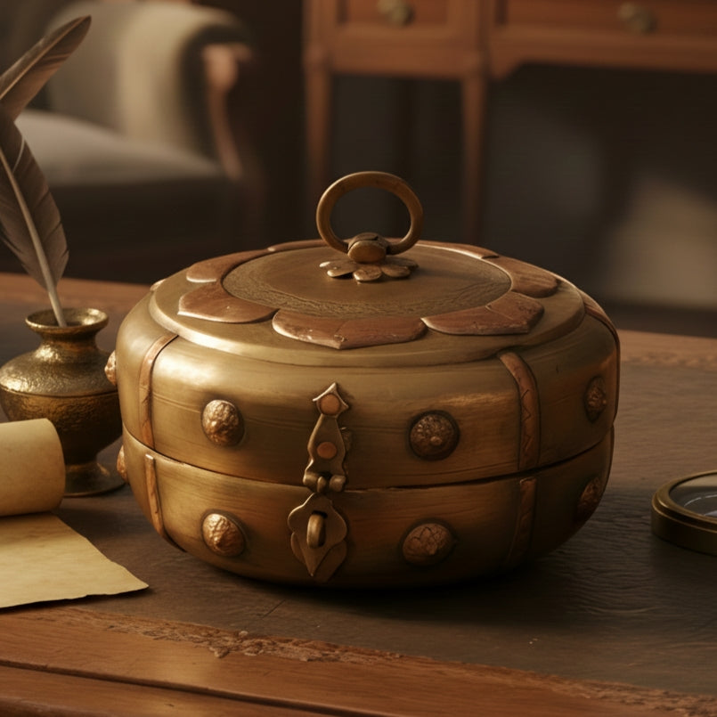 PM/05 - Very Rare Beautifully Engraved Pure Brass Roti Dabba | Chapati Box | Multipurpose Box With Lock System | KITCHENWARE | UTENSILS | HOME APPLIANCES