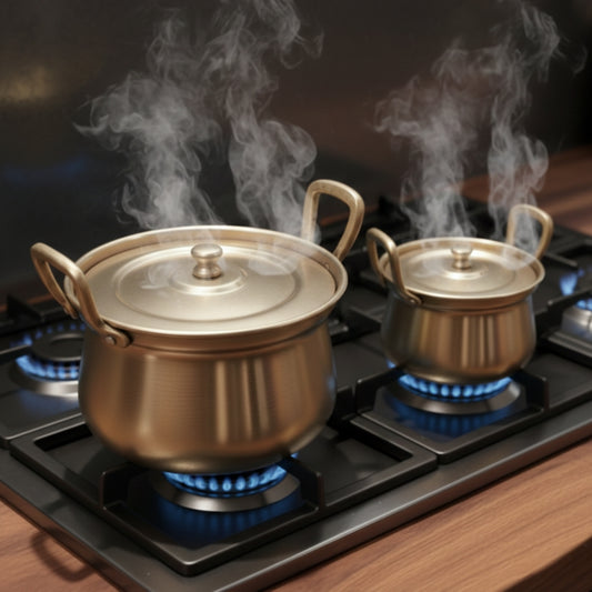 BRAND NEW: NW/029 - Set Of 2 - 100% Pure Brass Very Rare Cooking Vessel with ( Kalai )-Tin Coating Inside Tradionally Known As "Shakuntala" | KITCHENWARE | UTENSILS | HOME APPLIANCES