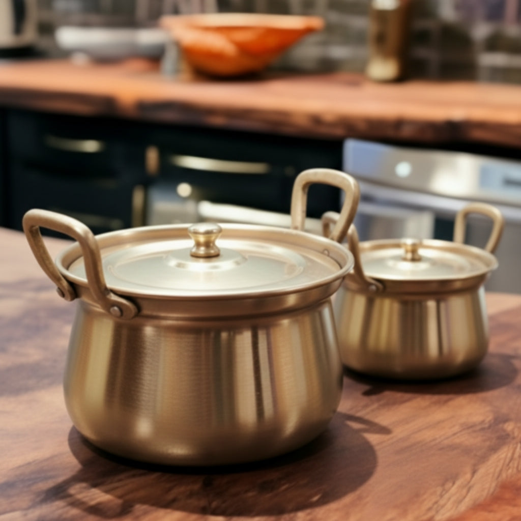 BRAND NEW: NW/029 - Set Of 2 - 100% Pure Brass Very Rare Cooking Vessel with ( Kalai )-Tin Coating Inside Tradionally Known As "Shakuntala" | KITCHENWARE | UTENSILS | HOME APPLIANCES