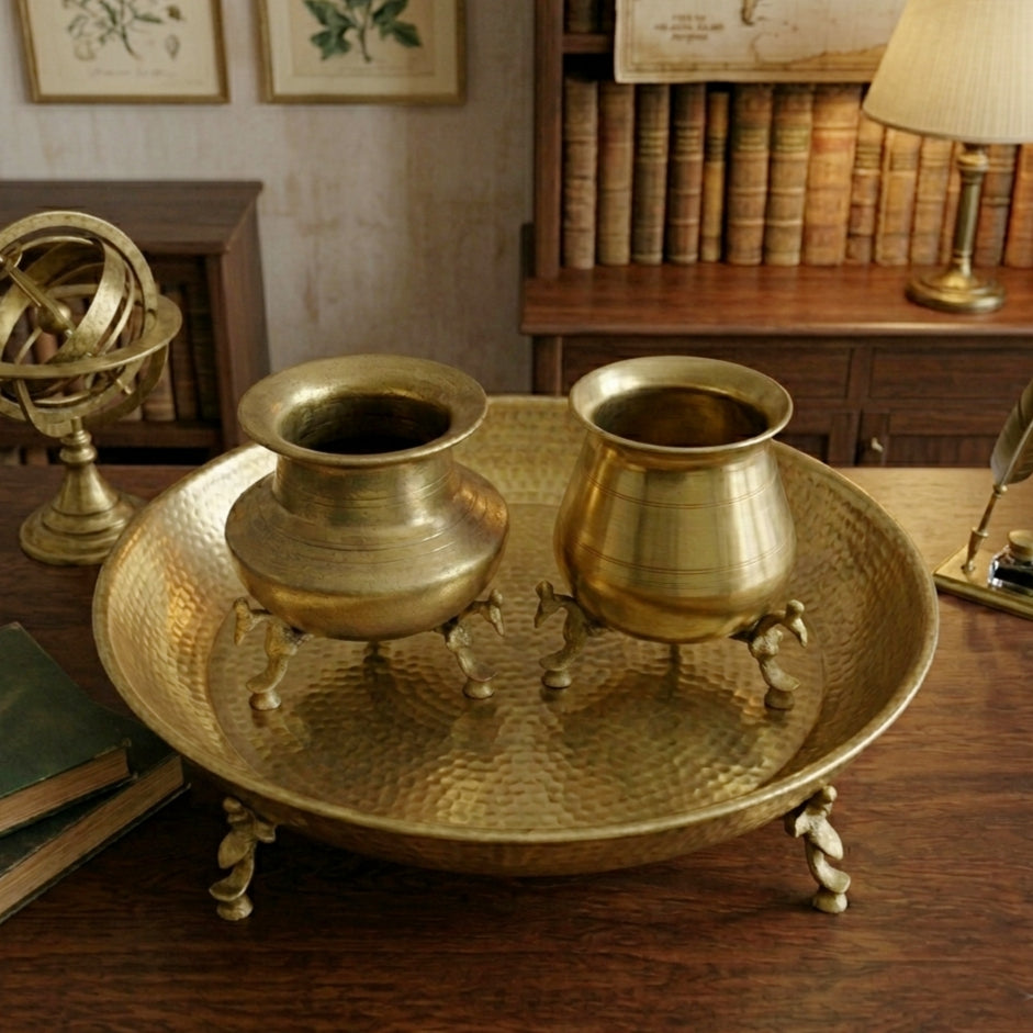 CP/001 - Set of 3 - Rare Vintage Unique Shape Pure Brass Lota 2 pc & 1 Parath on Peacock Legs | KITCHENWARE | UTENSILS | HOME APPLIANCES