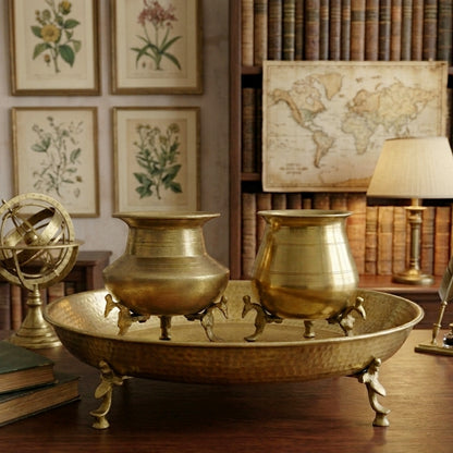 CP/001 - Set of 3 - Rare Vintage Unique Shape Pure Brass Lota 2 pc & 1 Parath on Peacock Legs | KITCHENWARE | UTENSILS | HOME APPLIANCES