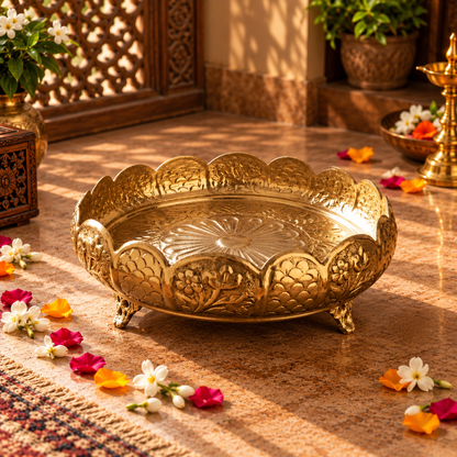 Embossed Brass Urli Bowl, Pital Urli with Scalloped Rim & Decorative Feet (Brand New), 2 Sizes