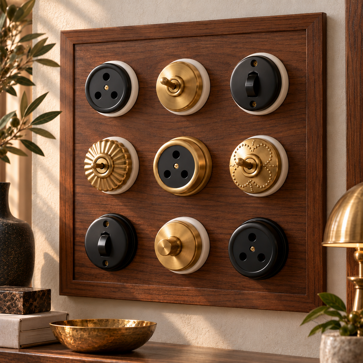 Set of 9 Vintage Brass and Matte Black Switches, Sockets and Dimmer - Merchant Antiques