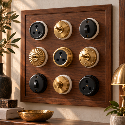Set of 9 Vintage Brass and Matte Black Switches, Sockets and Dimmer - Merchant Antiques