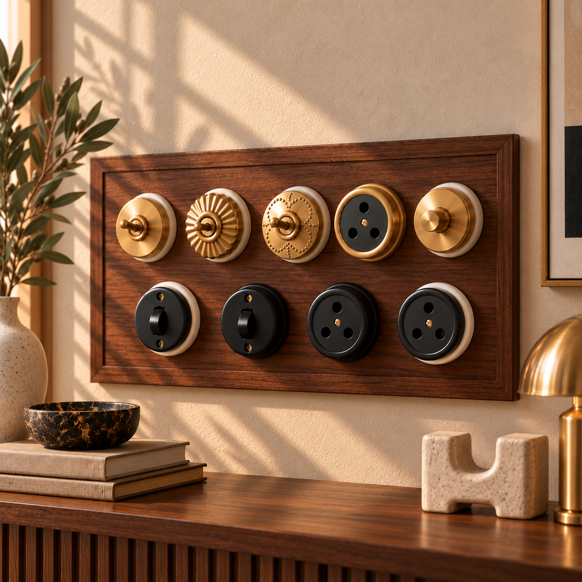 Set of 9 Vintage Brass and Matte Black Switches, Sockets and Dimmer - Merchant Antiques
