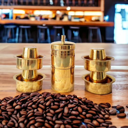 BRAND NEW: NW/074 - Pure Brass Coffee Filter + 4 Dabara Set - Kumbakonam Traditional Special | KITCHENWARE | UTENSILS | HOME APPLIANCES