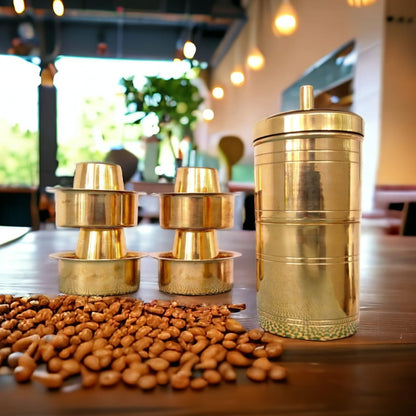 BRAND NEW: NW/022 - Pure Brass Coffee Filter + 4 Dabara Set - Kumbakonam Traditional Special | KITCHENWARE | UTENSILS | HOME APPLIANCES