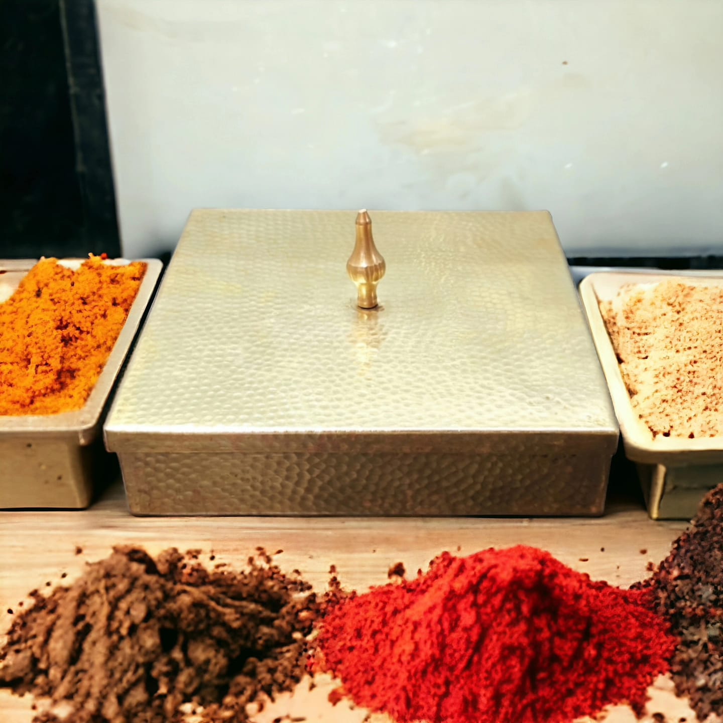 BRAND NEW: NW/010 - Pure Brass Spice Box Square Shape Multipurpose Stylish Masala Dani Dabba with 1 Spoon And 9 Containers For Kitchen | KITCHENWARE | UTENSILS | HOME APPLIANCES