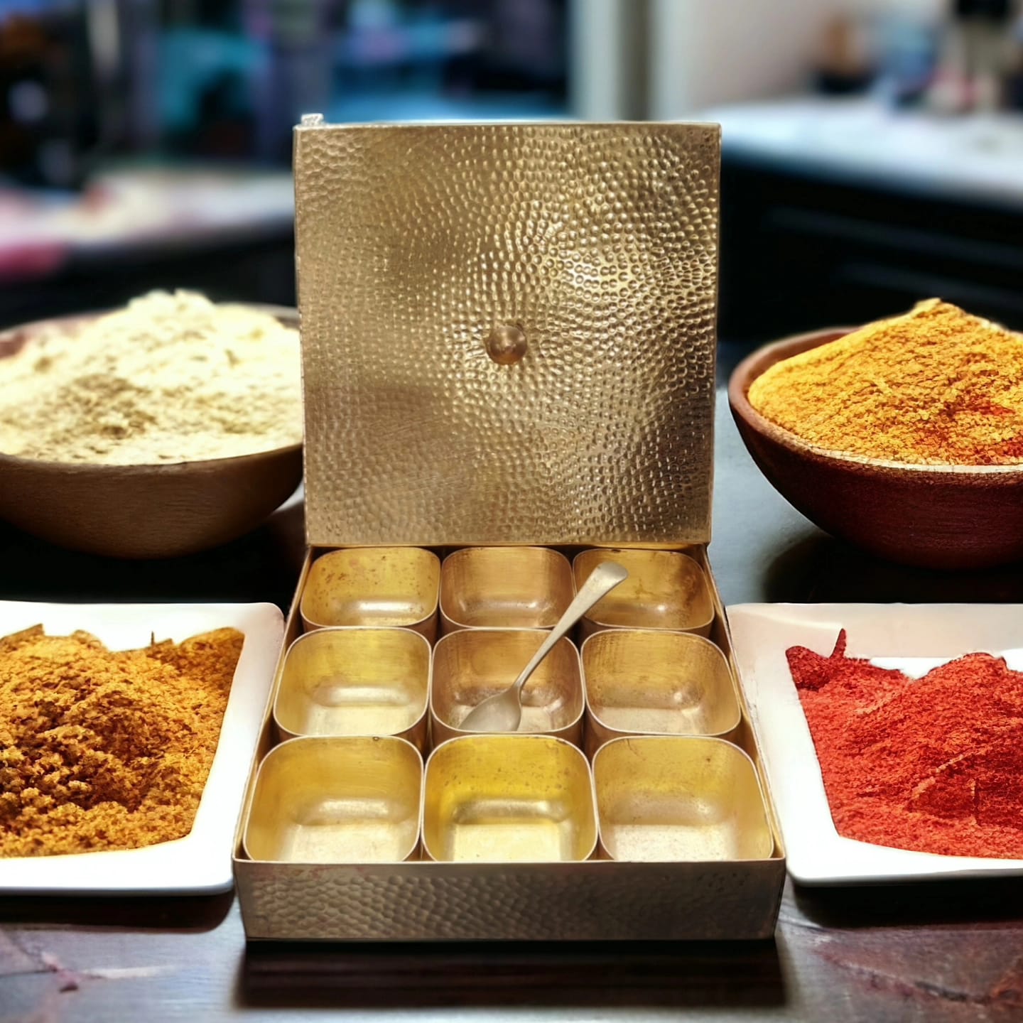 BRAND NEW: NW/010 - Pure Brass Spice Box Square Shape Multipurpose Stylish Masala Dani Dabba with 1 Spoon And 9 Containers For Kitchen | KITCHENWARE | UTENSILS | HOME APPLIANCES