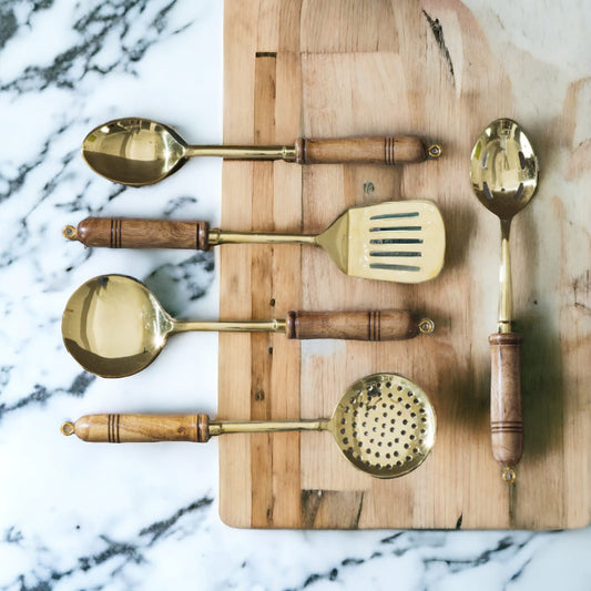 BRAND NEW: NW/015 - Set of 5 100% Pure Brass Serving Spoons Traditionally Known As "Ladles" With Wooden | KITCHENWARE | UTENSILS | HOME APPLIANCES