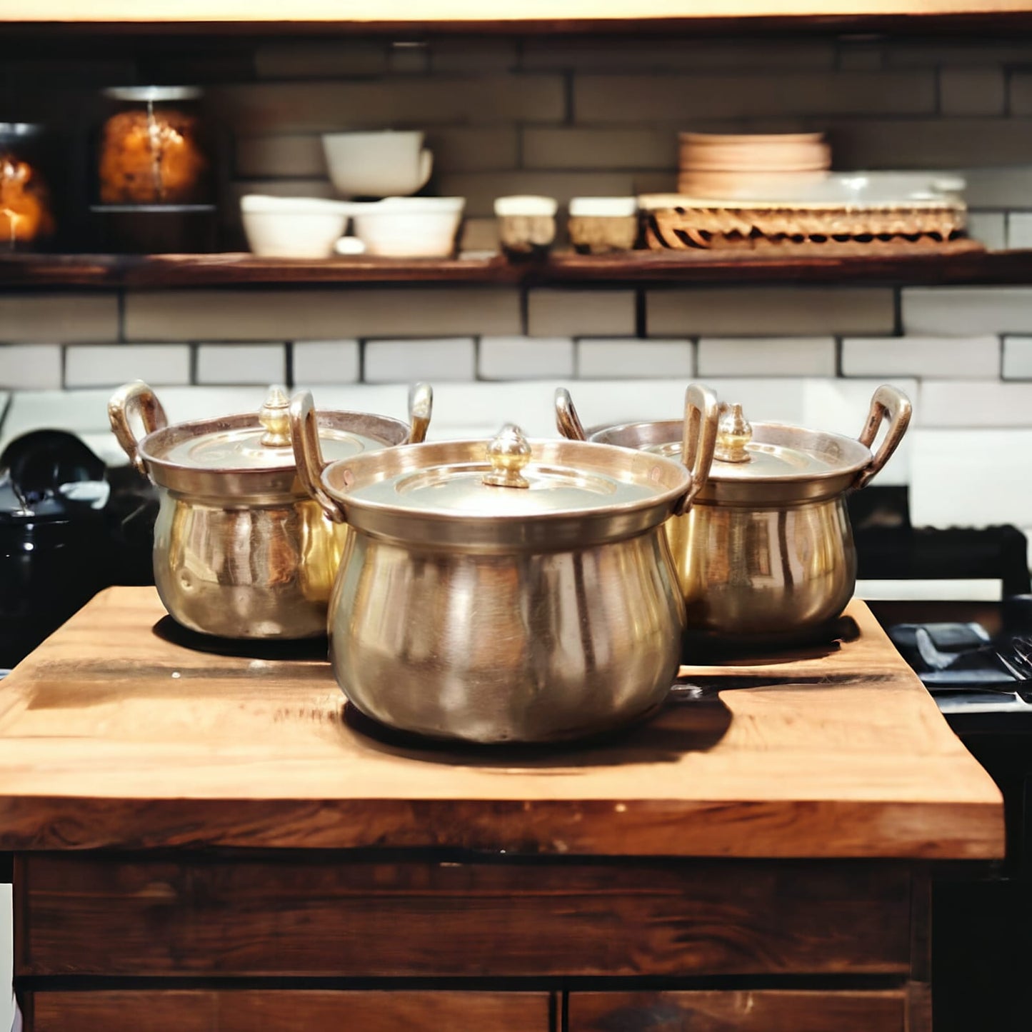 BRAND NEW: NW/072 - Set Of 3 - 100% Pure Brass Very Rare Cooking Vessel with ( Kalai )-Tin Coating Inside Tradionally Known As "Shakuntala" | KITCHENWARE | UTENSILS | HOME APPLIANCES