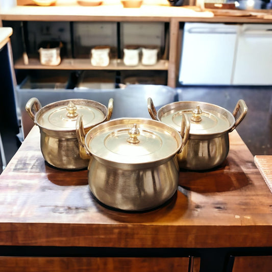 BRAND NEW: NW/072 - Set Of 3 - 100% Pure Brass Very Rare Cooking Vessel with ( Kalai )-Tin Coating Inside Tradionally Known As "Shakuntala" | KITCHENWARE | UTENSILS | HOME APPLIANCES