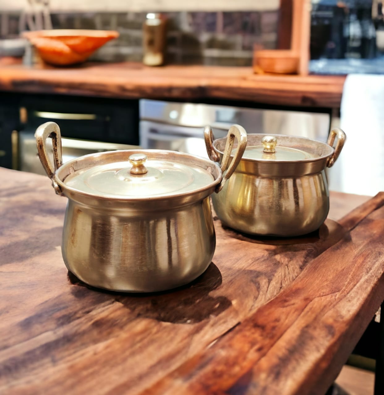 BRAND NEW: NW/014 - Set Of 2 - 100% Pure Brass Very Rare Cooking Vessel with ( Kalai )-Tin Coating Inside Tradionally Known As "Shakuntala" | KITCHENWARE | UTENSILS | HOME APPLIANCES