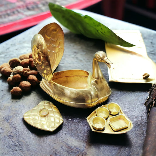 ORIGINAL ANTIQUE: AT/066A - PD006A Vintage Very Rare Exquisite Duck Shaped Brass Paan Daan / Betel Nut Box - Full Set | KITCHENWARE | UTENSILS | HOME APPLIANCES