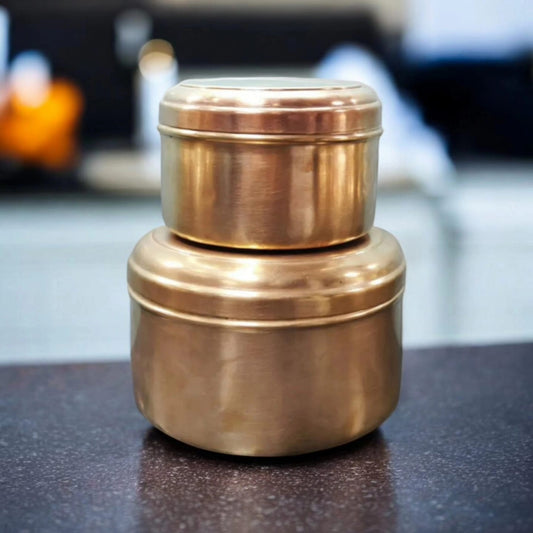 ORIGINAL ANTIQUE: AT/118 - Set Of 2 Vintage Brass Round Shape Storage Box | KITCHENWARE | UTENSILS | HOME APPLIANCES