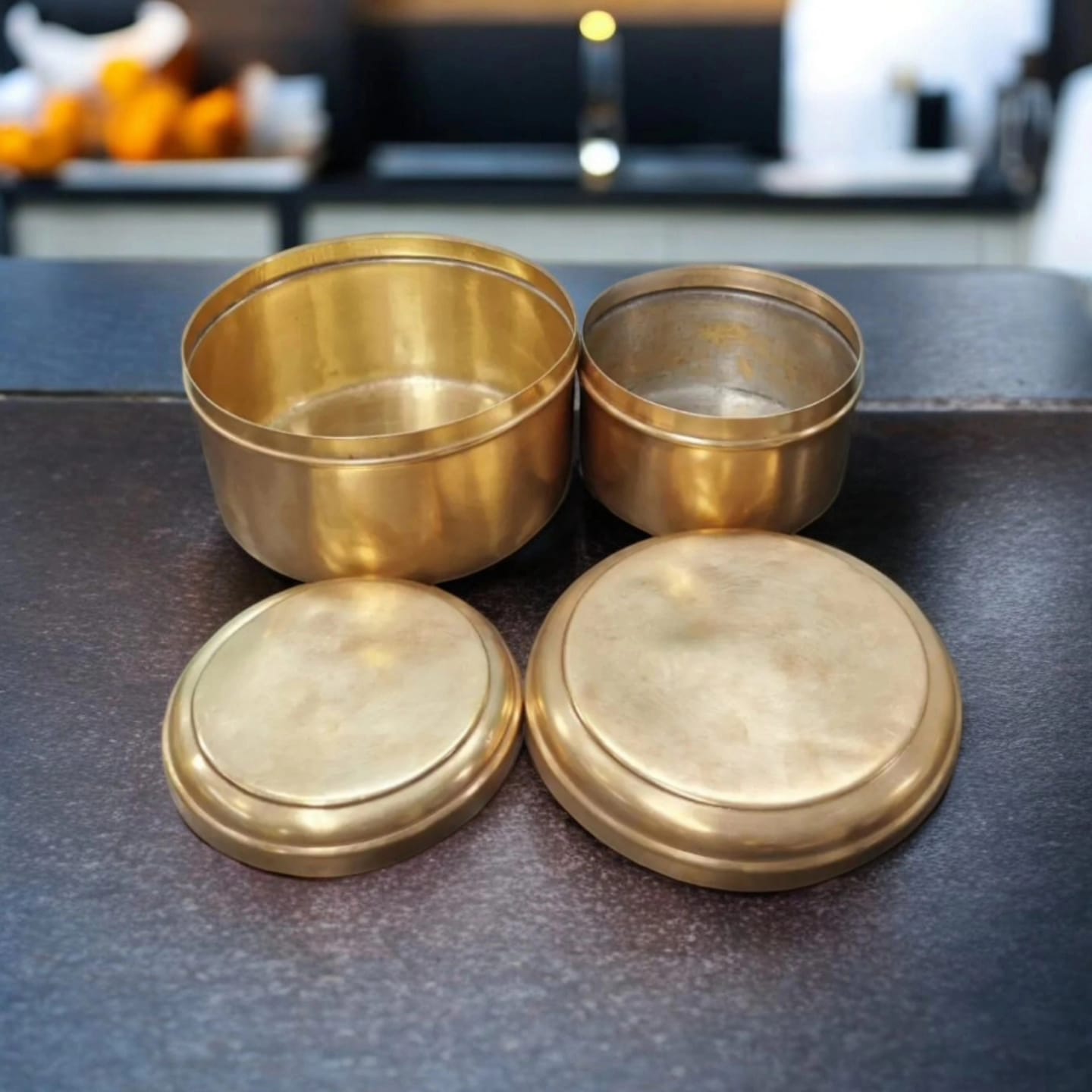 ORIGINAL ANTIQUE: AT/118 - Set Of 2 Vintage Brass Round Shape Storage Box | KITCHENWARE | UTENSILS | HOME APPLIANCES
