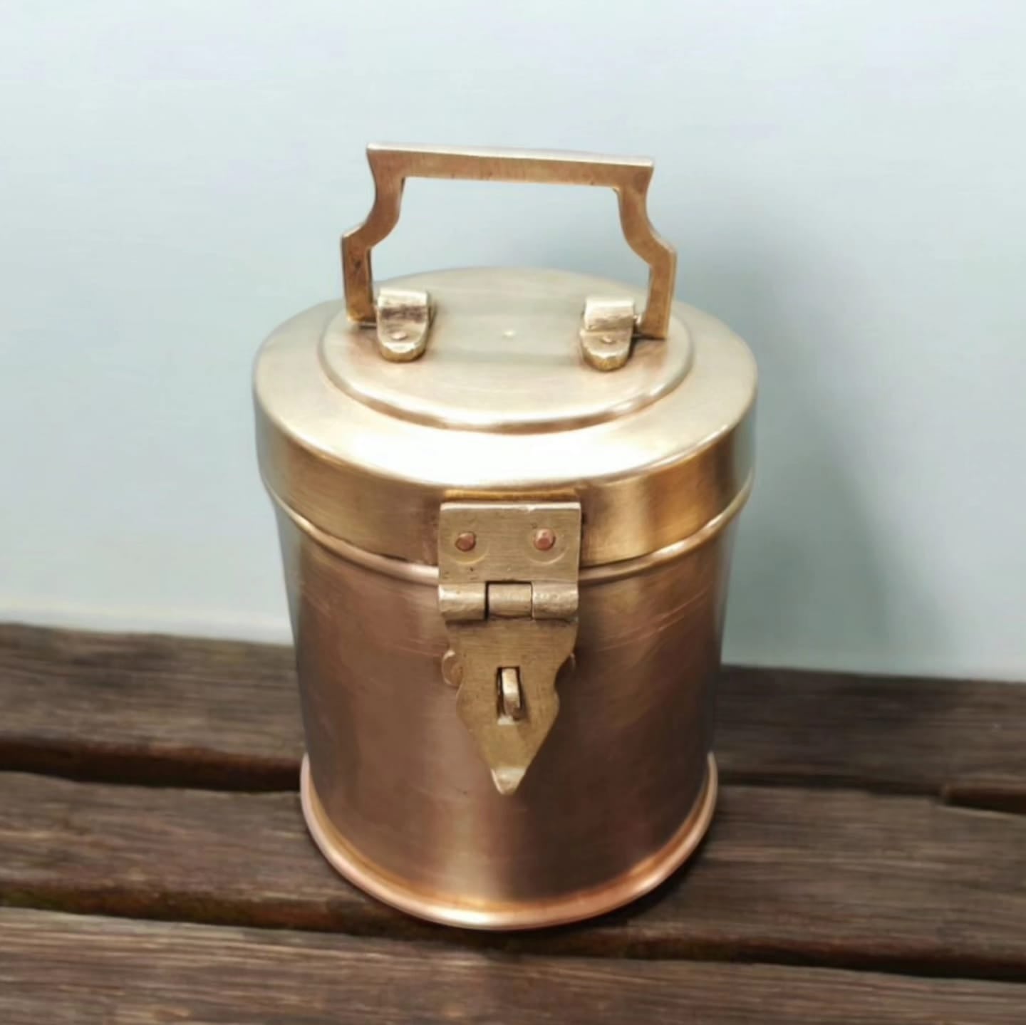 ORIGINAL ANTIQUE: AT/013 - Vintage Brass Cylindrical Lockable Box With Handle | KITCHENWARE | UTENSILS | HOME APPLIANCES