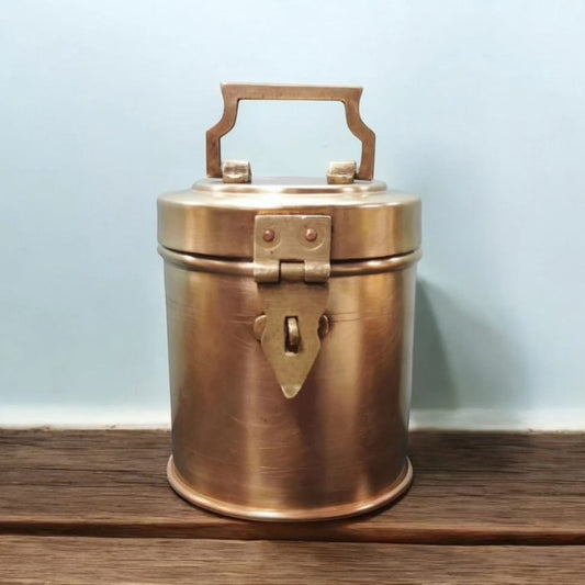 ORIGINAL ANTIQUE: AT/013 - Vintage Brass Cylindrical Lockable Box With Handle | KITCHENWARE | UTENSILS | HOME APPLIANCES