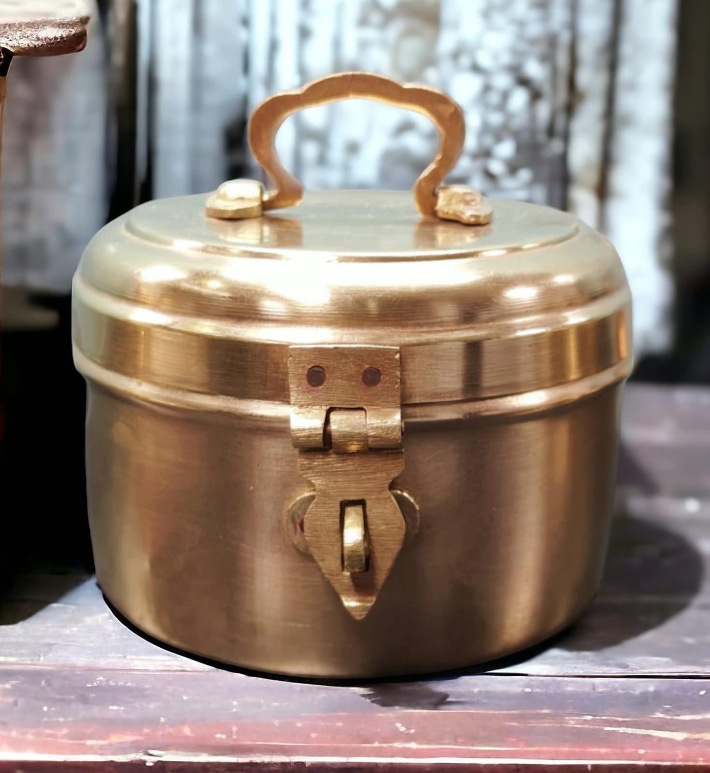 ORIGINAL ANTIQUE: AT/058 - Vintage Rare Pure Brass Cylindrical Box With Handle & Locking System | KITCHENWARE | UTENSILS | HOME APPLIANCES