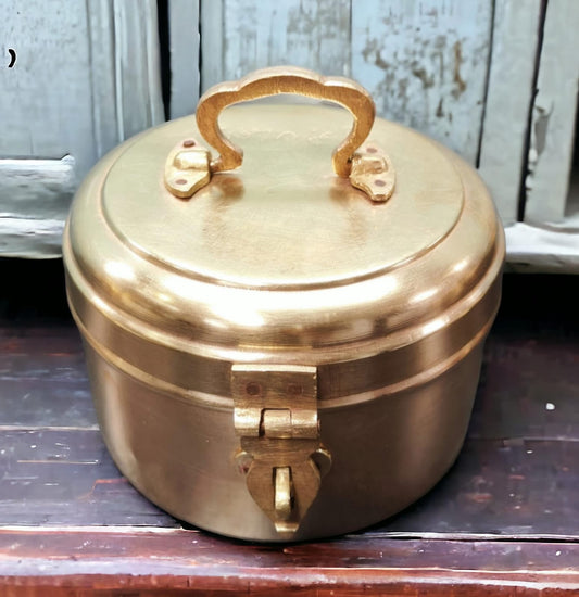 ORIGINAL ANTIQUE: AT/058 - Vintage Rare Pure Brass Cylindrical Box With Handle & Locking System | KITCHENWARE | UTENSILS | HOME APPLIANCES