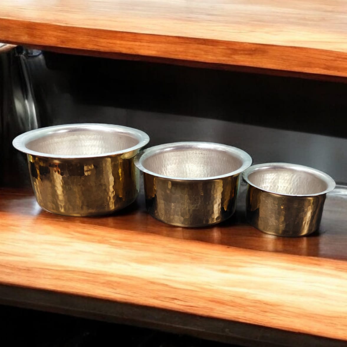 BRAND NEW: NW/050 - Set of 3 - 100% Pure Brass Look Hammered Tope | Patila with Kalai Inside For Cooking Purpose | KITCHENWARE | UTENSILS | HOME APPLIANCES
