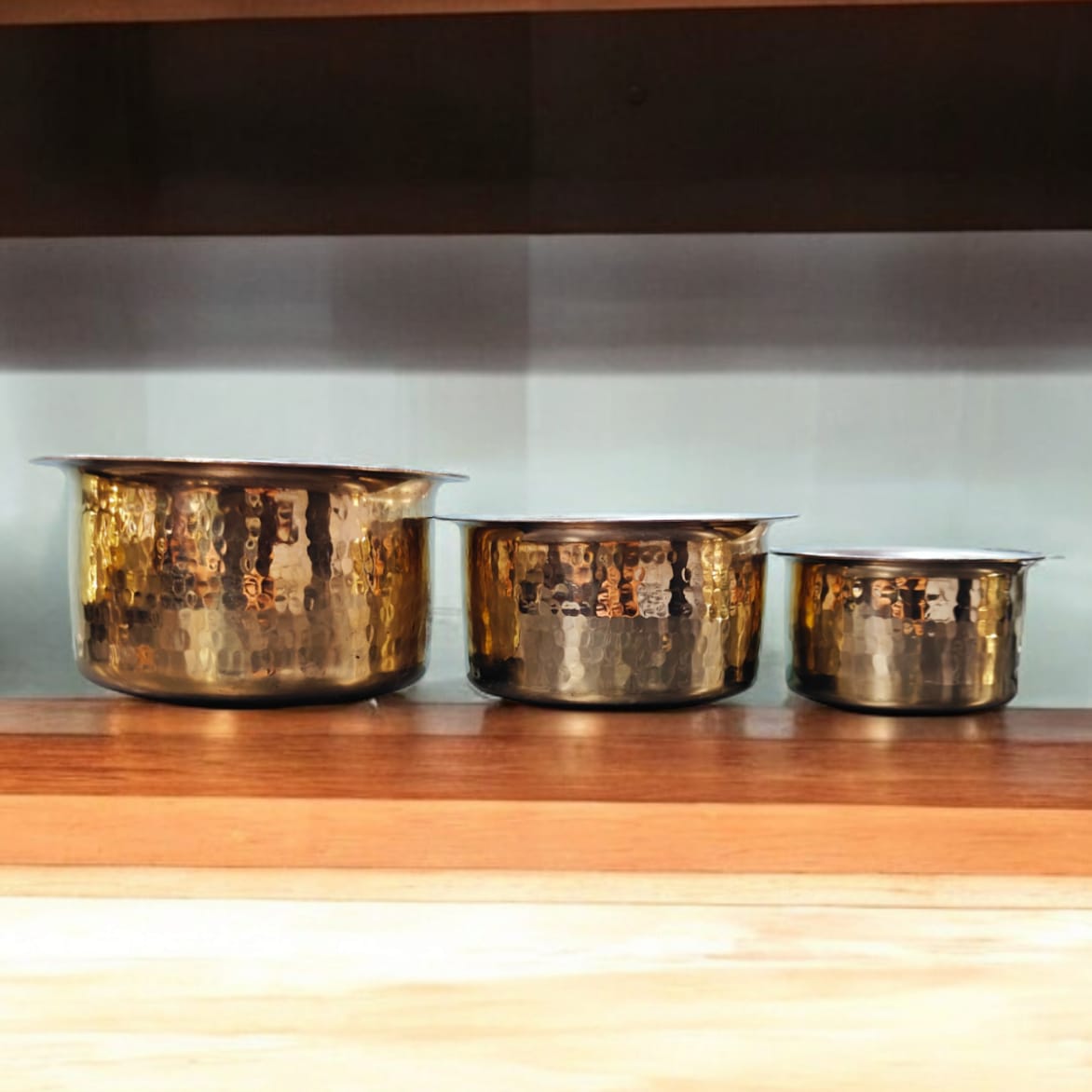 BRAND NEW: NW/050 - Set of 3 - 100% Pure Brass Look Hammered Tope | Patila with Kalai Inside For Cooking Purpose | KITCHENWARE | UTENSILS | HOME APPLIANCES