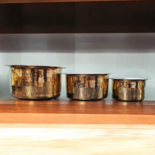BRAND NEW: NW/050 - Set of 3 - 100% Pure Brass Look Hammered Tope | Patila with Kalai Inside For Cooking Purpose | KITCHENWARE | UTENSILS | HOME APPLIANCES