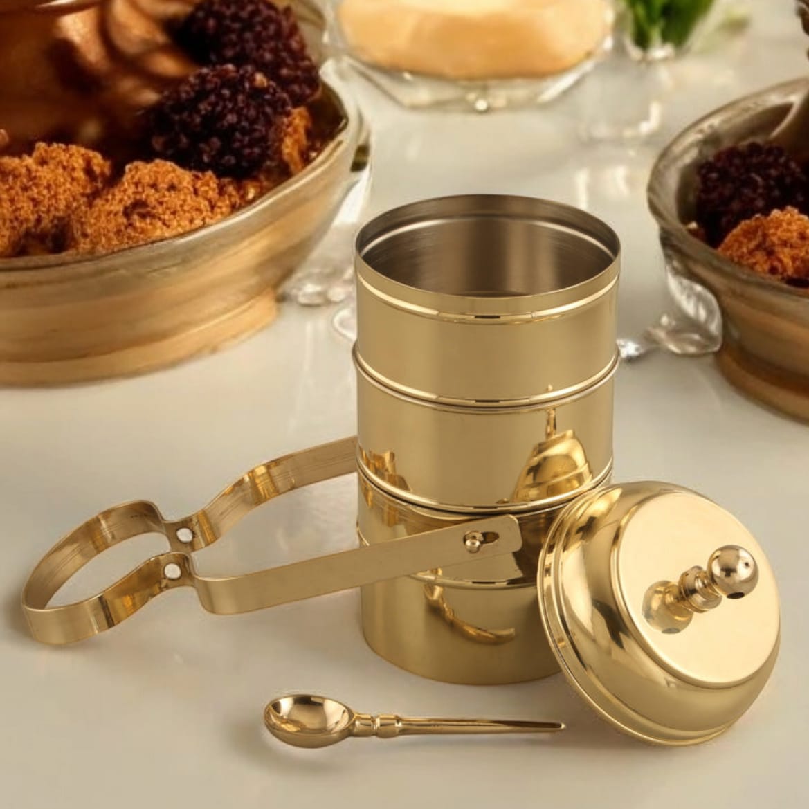 BRAND NEW: NW/008 - 100% Pure Brass Style Tiffin | Lunch Box (3 Tier) | KITCHENWARE | UTENSILS | HOME APPLIANCES