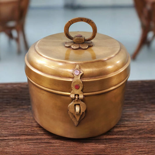 ORIGINAL ANTIQUE: AT/009 - Vintage Rare Pure Brass Original Round Shape Box With Handle & Locking System | KITCHENWARE | UTENSILS | HOME APPLIANCES