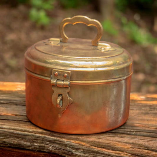 ORIGINAL ANTIQUE: AT/037 - Vintage Rare Pure Brass Original Antique Round Shape Box With Handle & Locking System | KITCHENWARE | UTENSILS | HOME APPLIANCES
